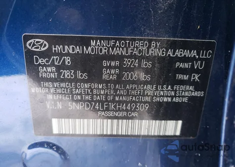 2019 Hyundai Elantra Se from USA, damaged, VIN 5NPD74LF1KH449309